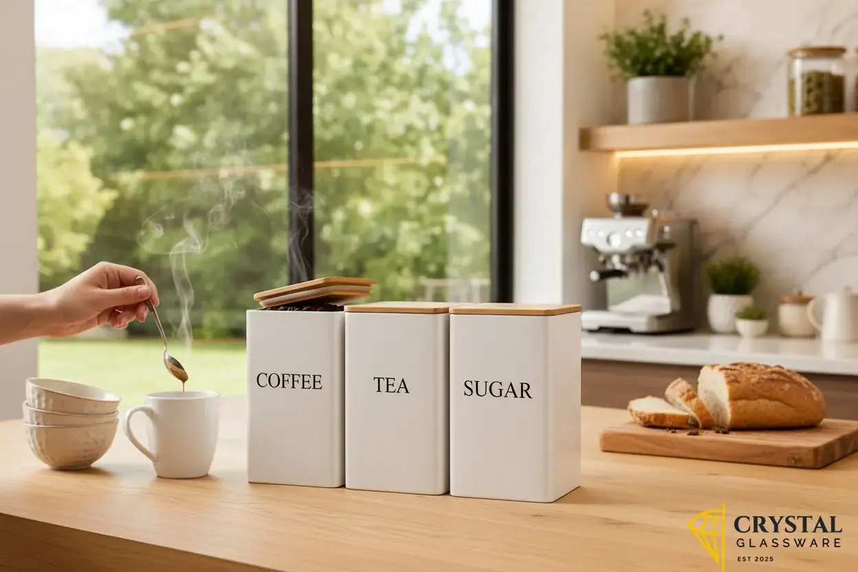 Shoxil white canisters are made of powder-coated steel with airtight bamboo lids